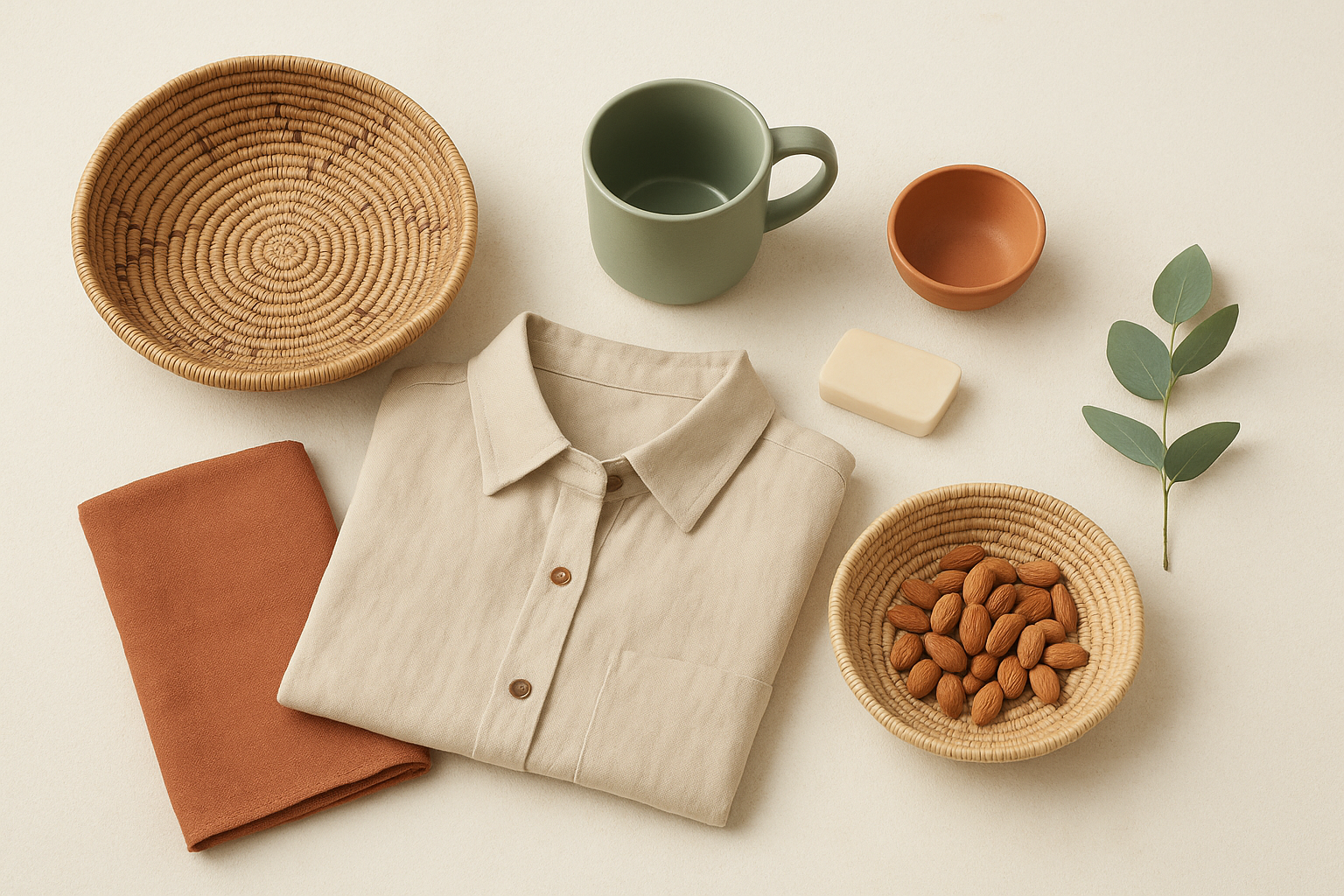 Eritrean Beige shirt, woven bowls, mug, and other items on a light surface with a plant.